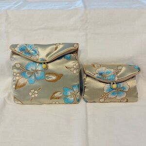 2 Honora Collection Jewelry Bags Brocade Gold Florals Sm Med Zip Button Gr 2